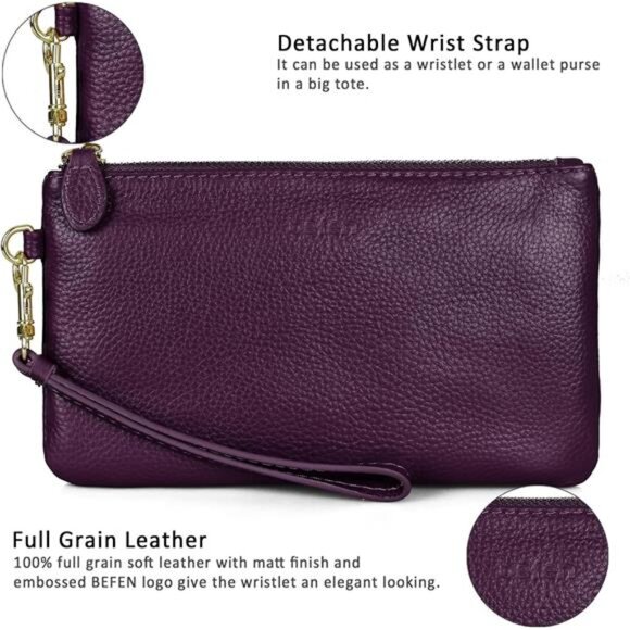 Women's Genuine Italian Leather Wristlet Clutch Wallet Purse, Gold Zipper - Picture 6 of 6